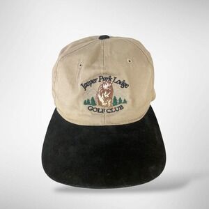 Vintage Jasper Park Lodge Golf Club Hat Canada Bear Logo Tan Black Fletcher Cap
